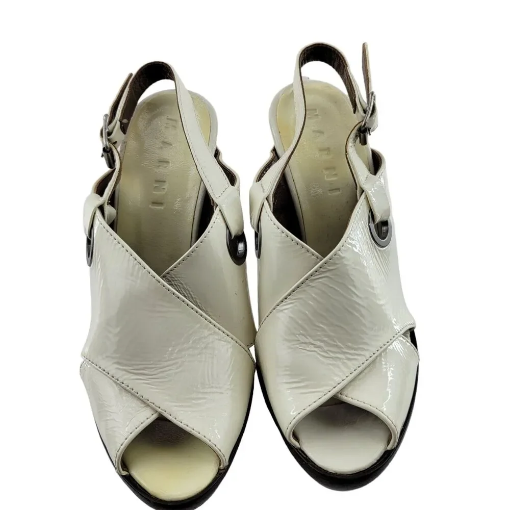 Marni Platform Heels Size 36 5.5-6‎ Cream Leather Wood Heel Peep Toe Slingback